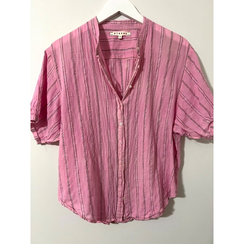 XIRENA Channing Shirt Women XS Pink Metallic Stripe Cotton Boho Coastal Chic Top - Picture 6 of 7